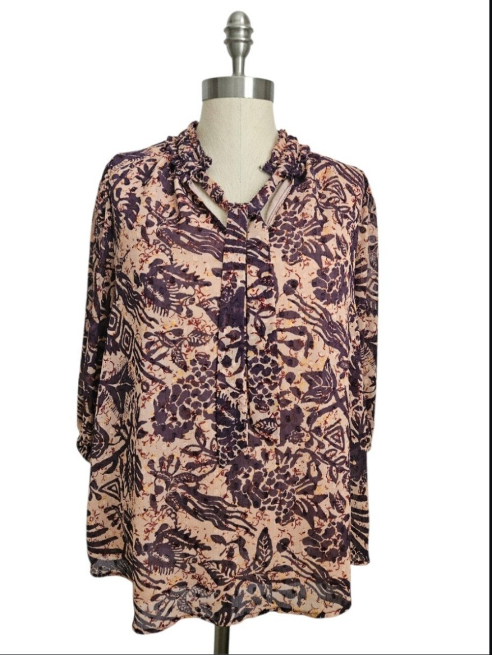 JOIE Sheer Floral Chiffon 3/4 Sleeve Ruffle Tie Neck Smock Blouse | SZ L